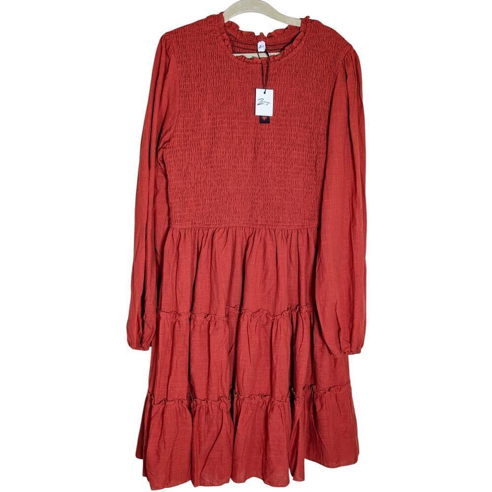 Zexxxy Smocked Bodice Tiered Long Sleeve Dress Rust Size M